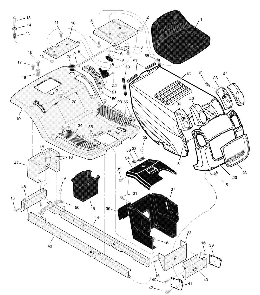 Chassis And Hood Diagram and Parts List for 425005X8B 2004 Briggs and Stratton Lawn Tractor